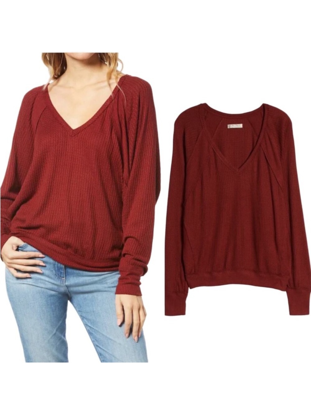 Free People Thermal Top Long Sleeve Vneck Waffle Knit Pullover Red Womens large